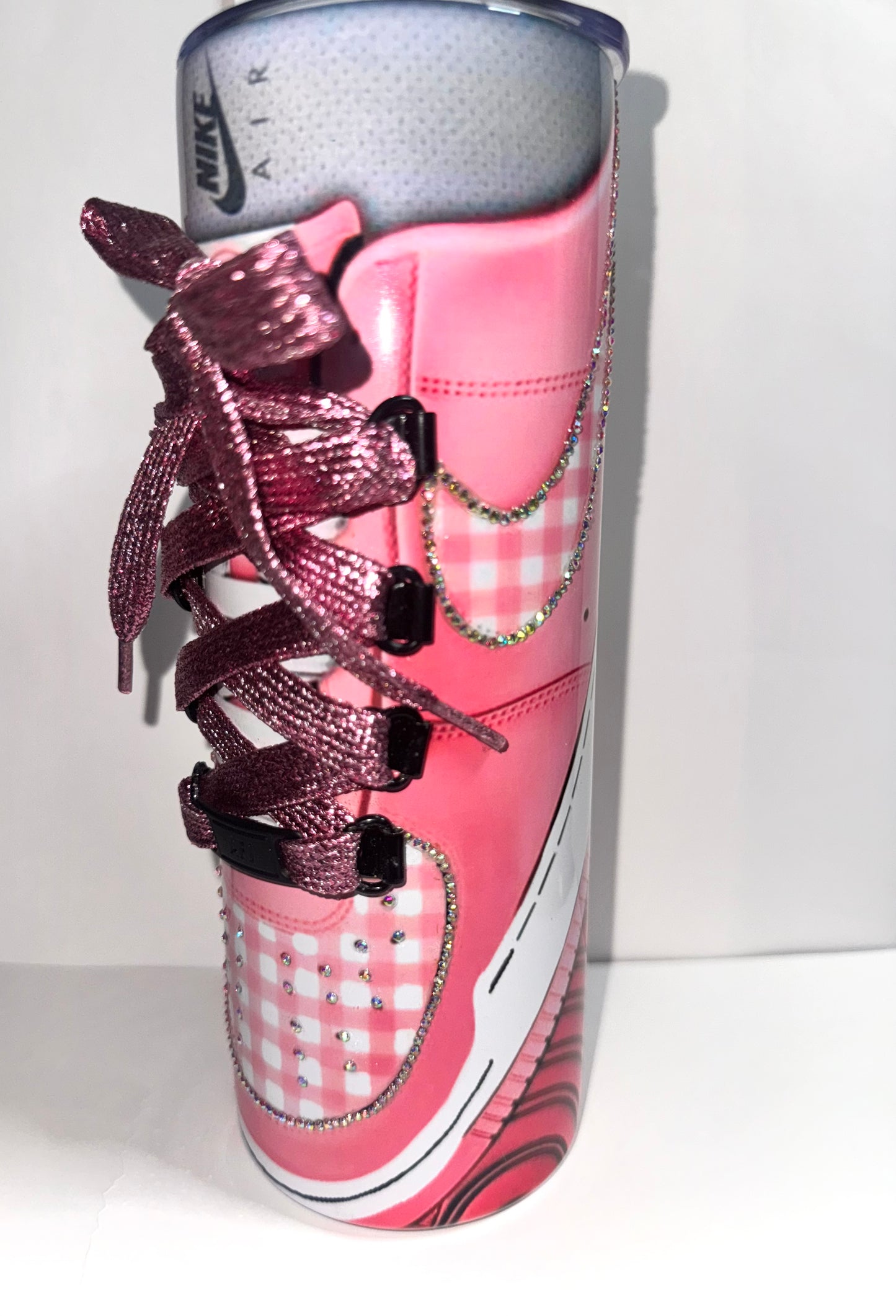 RTS - 20 OZ STAINLESS STEEL SUBLIMATED BARBIE NIKE AF1 W/ 3D LACES & RHINESTONES