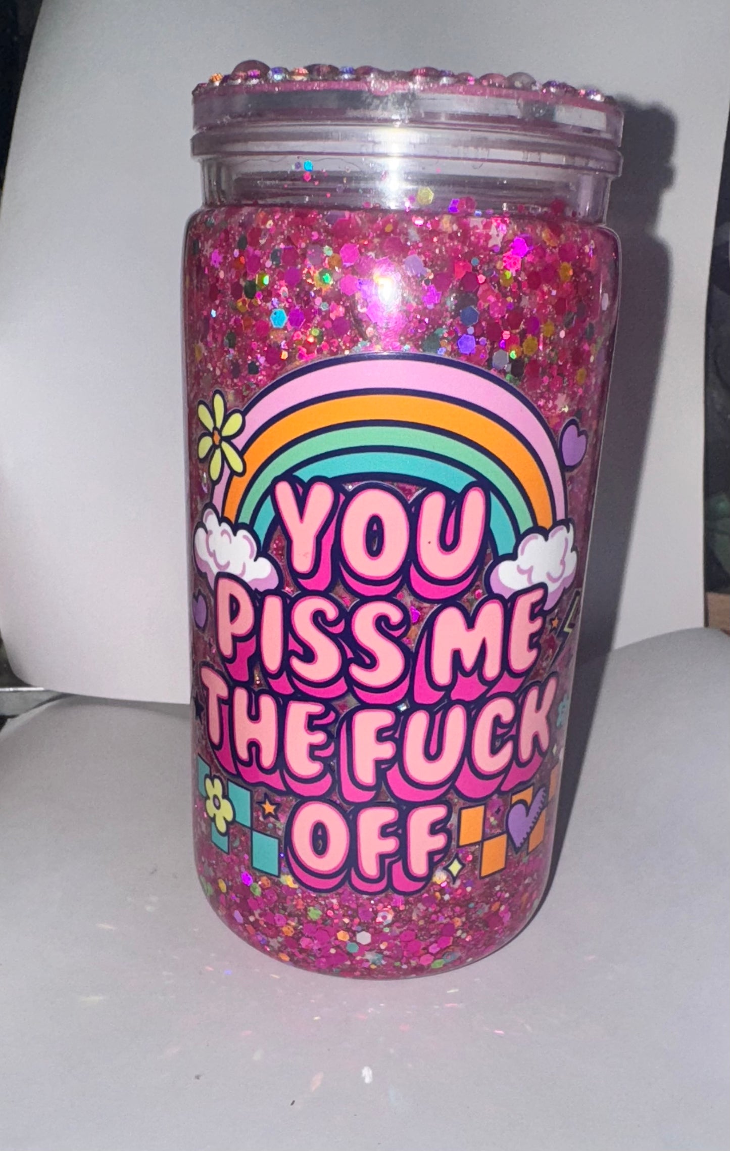RTS - 16OZ SNOWGLOBE W/GLOW GLITTER & BLING LID
