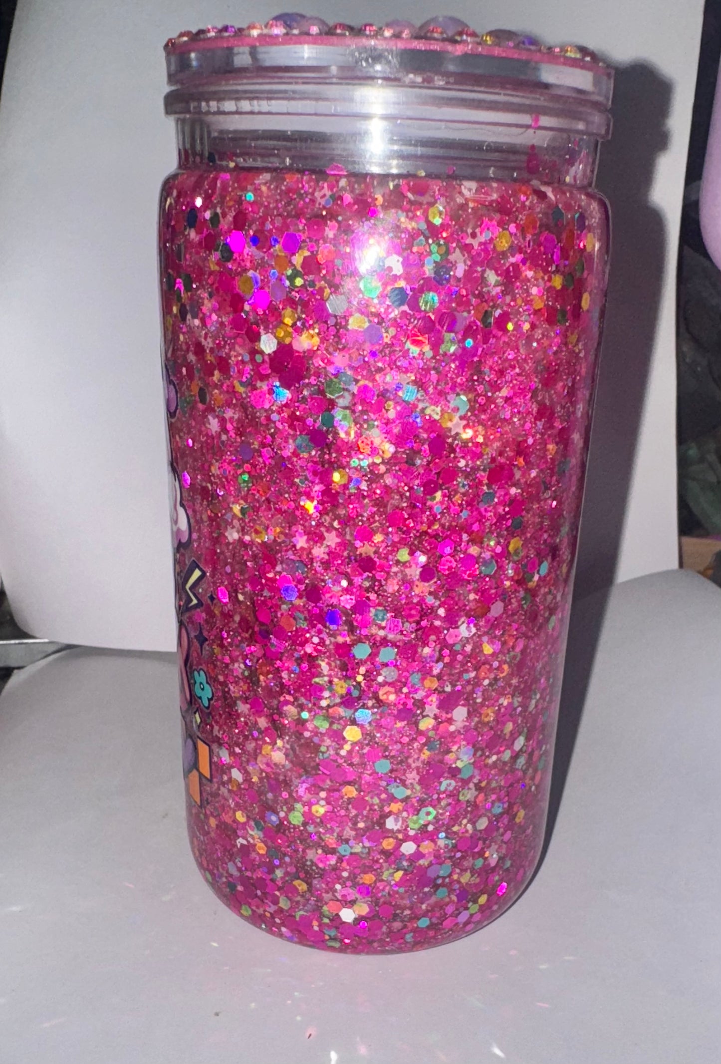 RTS - 16OZ SNOWGLOBE W/GLOW GLITTER & BLING LID